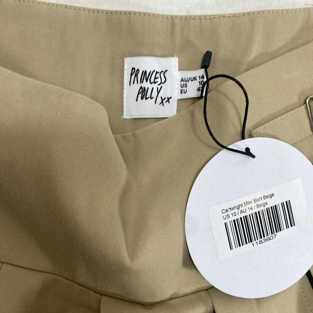 New Princess Polly Rescue Me Pleat Tan Khaki Mini Skirt Size 10 Cartwright Beige